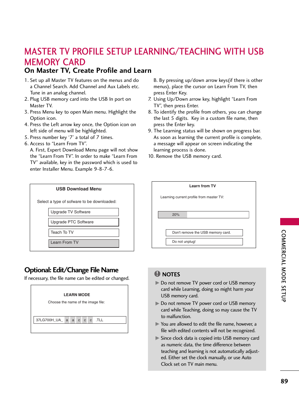 Master tv profile setup learning/teaching with usb, On master tv, create profile and learn, Optional: edit/change file name | Commer cial mode setup | LG 37LG700H User Manual | Page 91 / 136