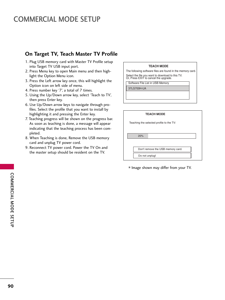 Commercial mode setup, On target tv, teach master tv profile | LG 37LG700H User Manual | Page 92 / 136