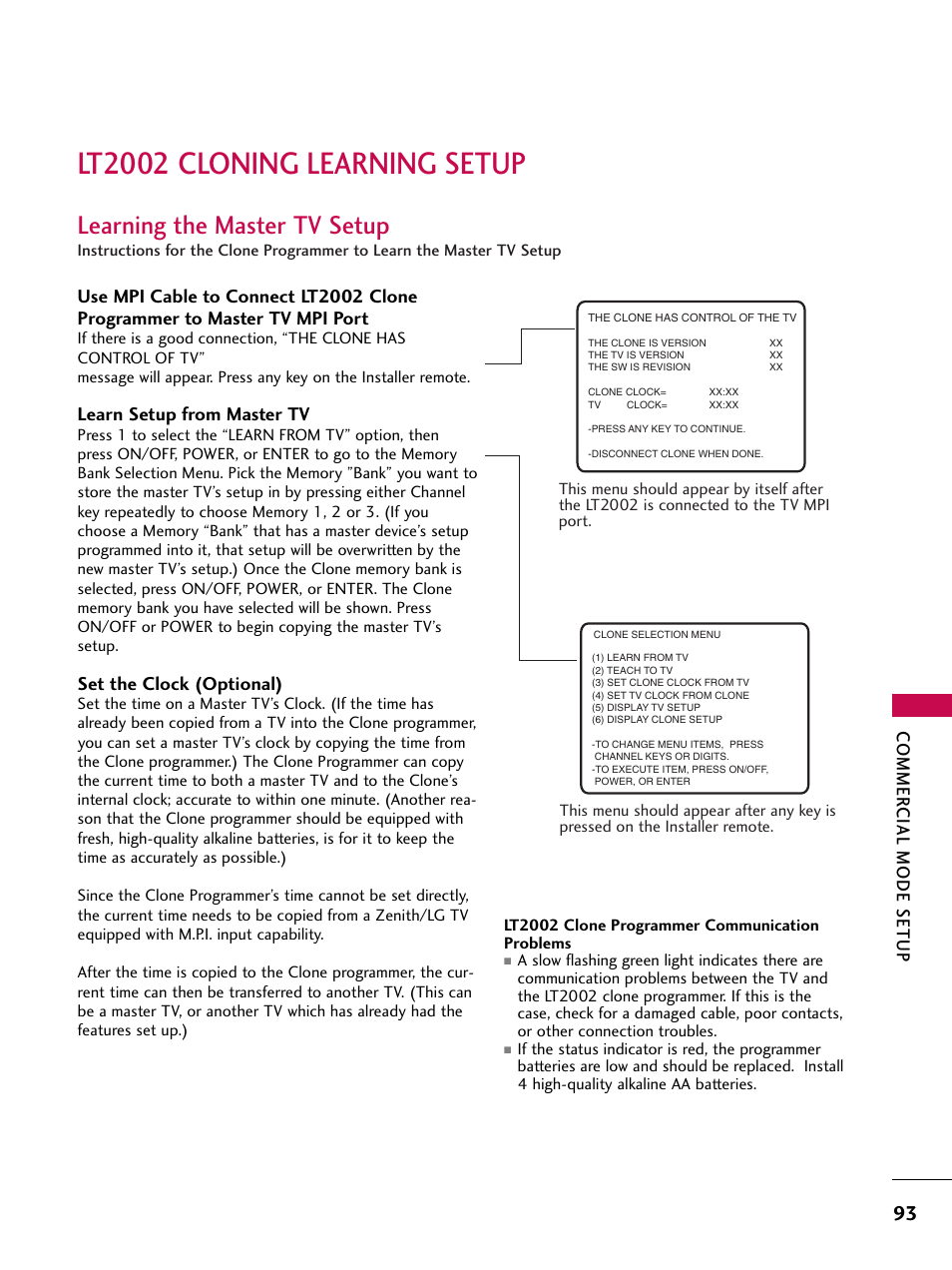 Lt2002 cloning learning setup, Learning the master tv setup, Commer cial mode setup | Learn setup from master tv, Set the clock (optional) | LG 37LG700H User Manual | Page 95 / 136