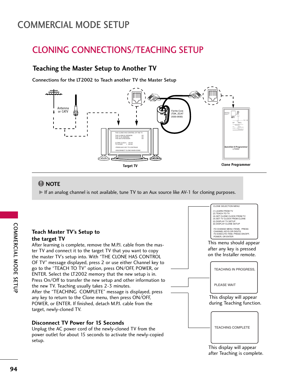 Cloning connections/teaching setup, Commercial mode setup, Teaching the master setup to another tv | Commer cial mode setup, Teach master tv’s setup to the target tv, Disconnect tv power for 15 seconds | LG 37LG700H User Manual | Page 96 / 136