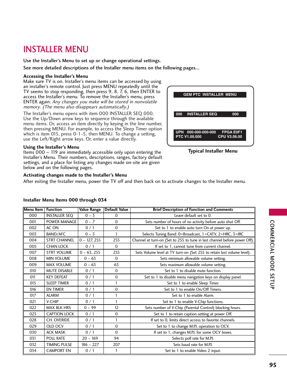 Installer menu, Commer cial mode setup | LG 37LG700H User Manual | Page 97 / 136