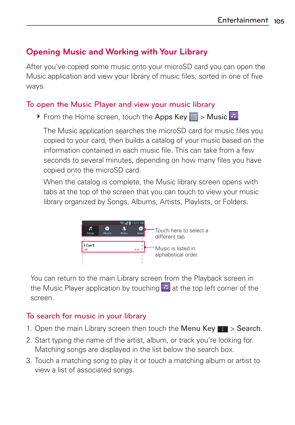 Opening music and working with your library | LG AS870 User Manual | Page 105 / 172