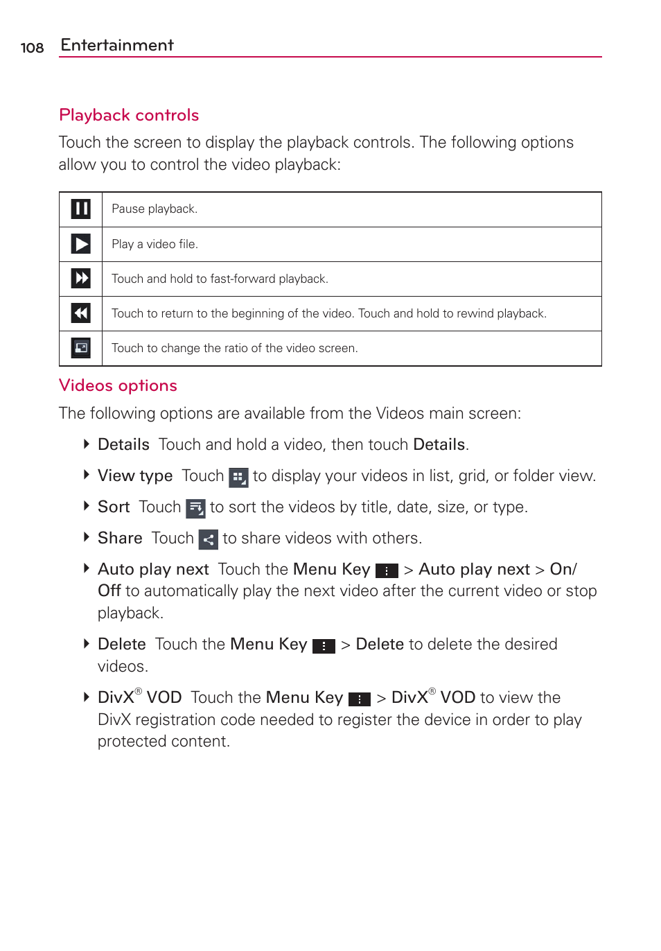 Entertainment playback controls, Videos options | LG AS870 User Manual | Page 108 / 172