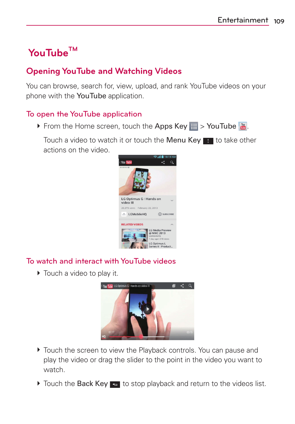 Youtube, Opening youtube and watching videos | LG AS870 User Manual | Page 109 / 172