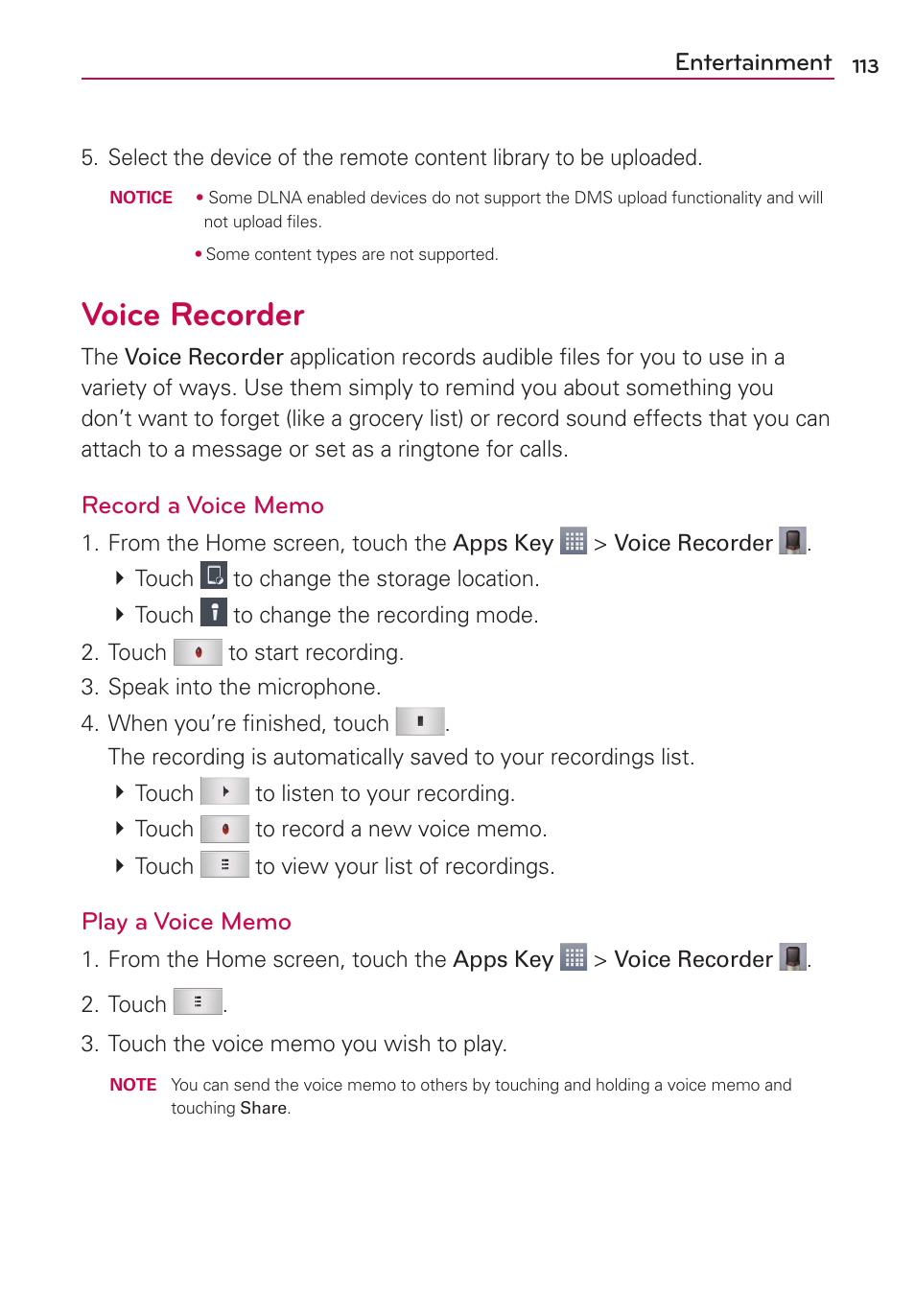 Voice recorder, Entertainment | LG AS870 User Manual | Page 113 / 172