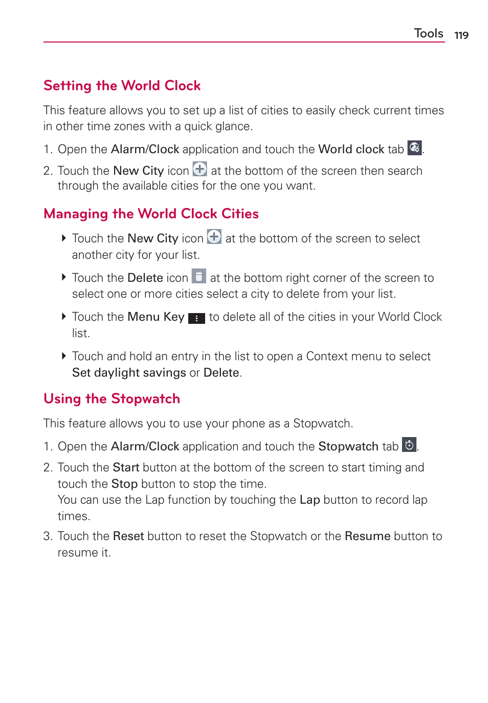 Setting the world clock, Managing the world clock cities, Using the stopwatch | LG AS870 User Manual | Page 119 / 172