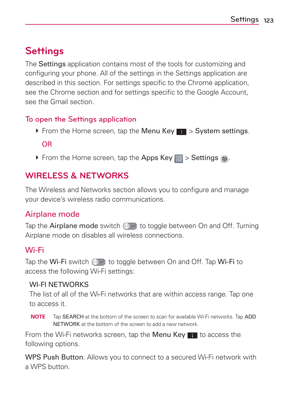 Settings, Wireless & networks | LG AS870 User Manual | Page 123 / 172