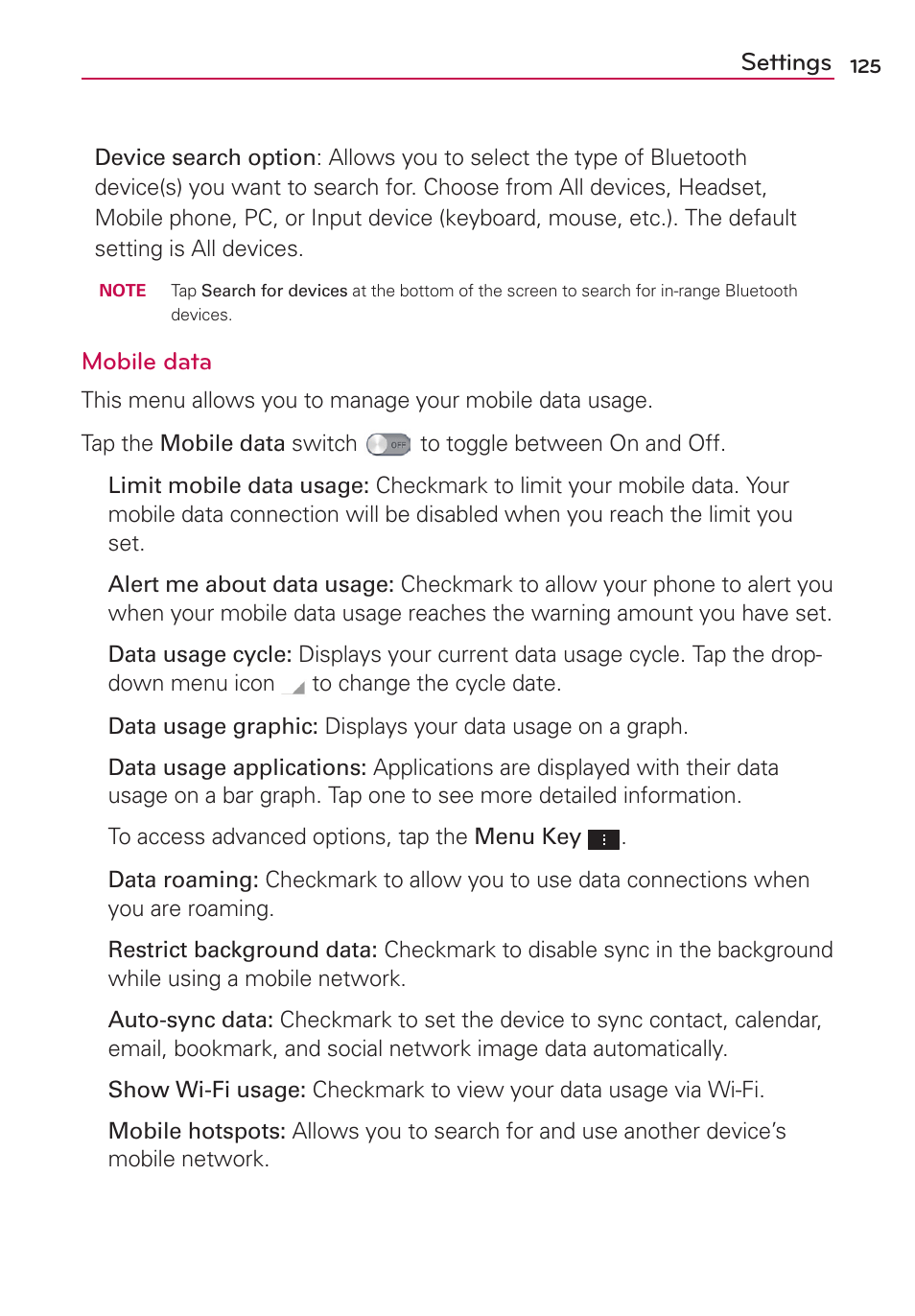 Settings, Mobile data | LG AS870 User Manual | Page 125 / 172