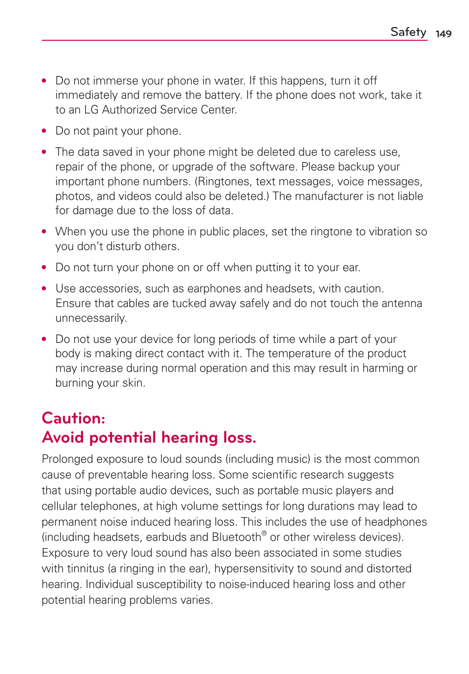 Caution: avoid potential hearing loss, Safety | LG AS870 User Manual | Page 149 / 172