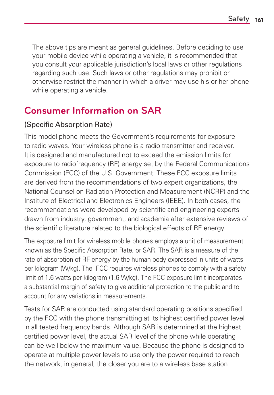 Consumer information on sar | LG AS870 User Manual | Page 161 / 172