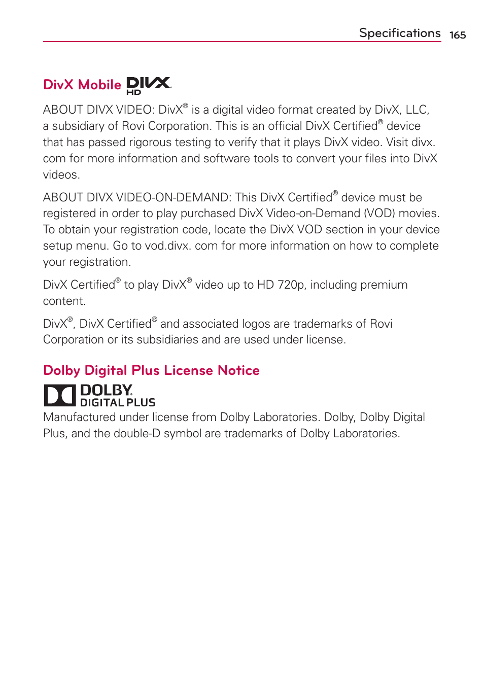 Specifications, Speciﬁcations, Divx mobile | Dolby digital plus license notice | LG AS870 User Manual | Page 165 / 172