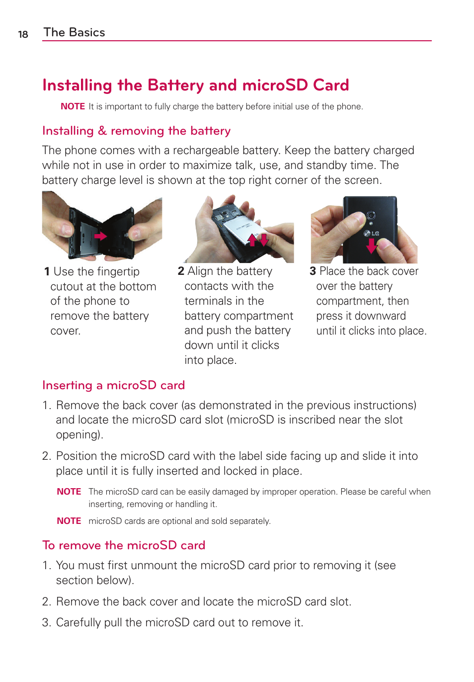 Installing the battery and microsd card, The basics, Installing & removing the battery | Inserting a microsd card | LG AS870 User Manual | Page 18 / 172