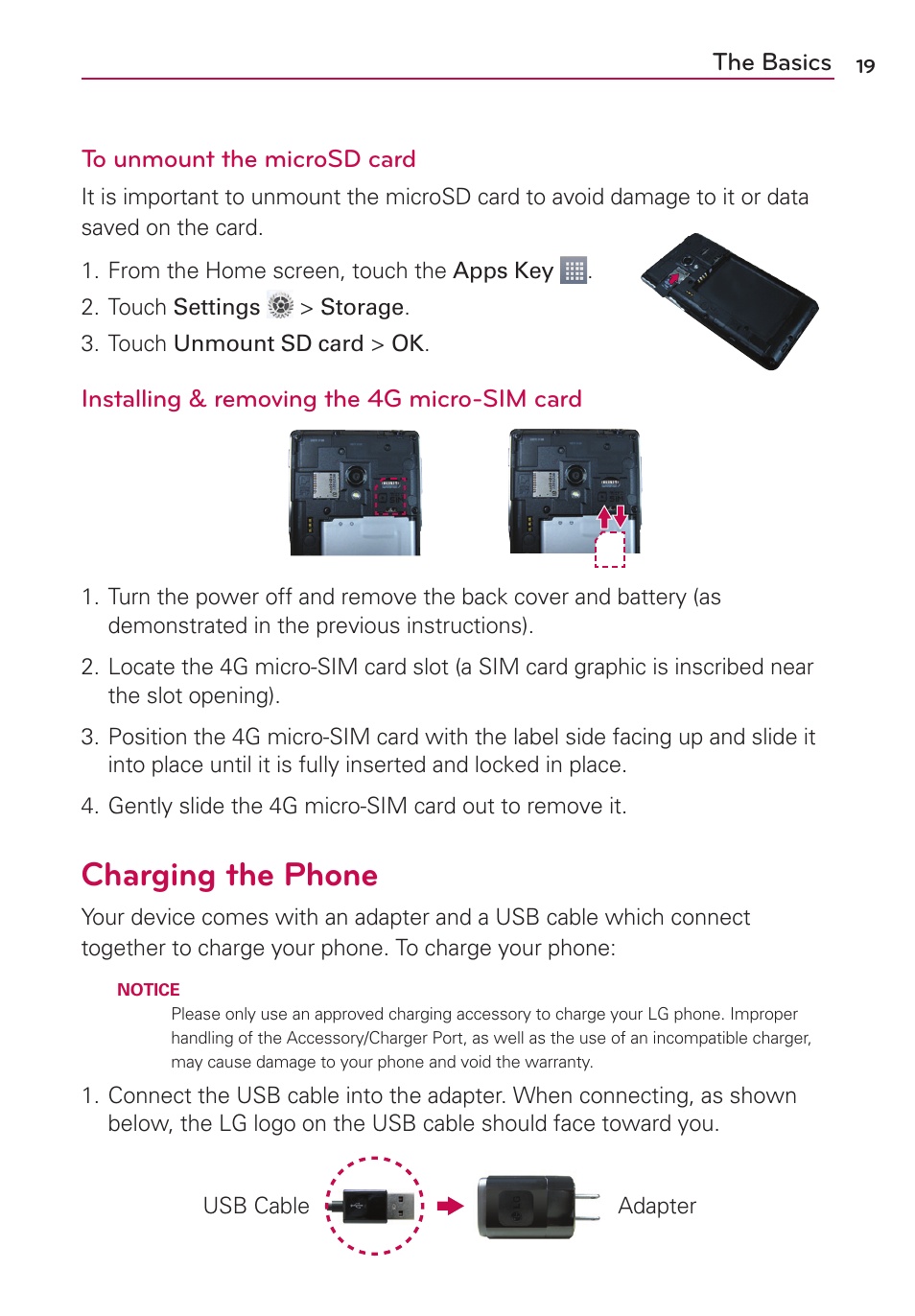 Charging the phone | LG AS870 User Manual | Page 19 / 172