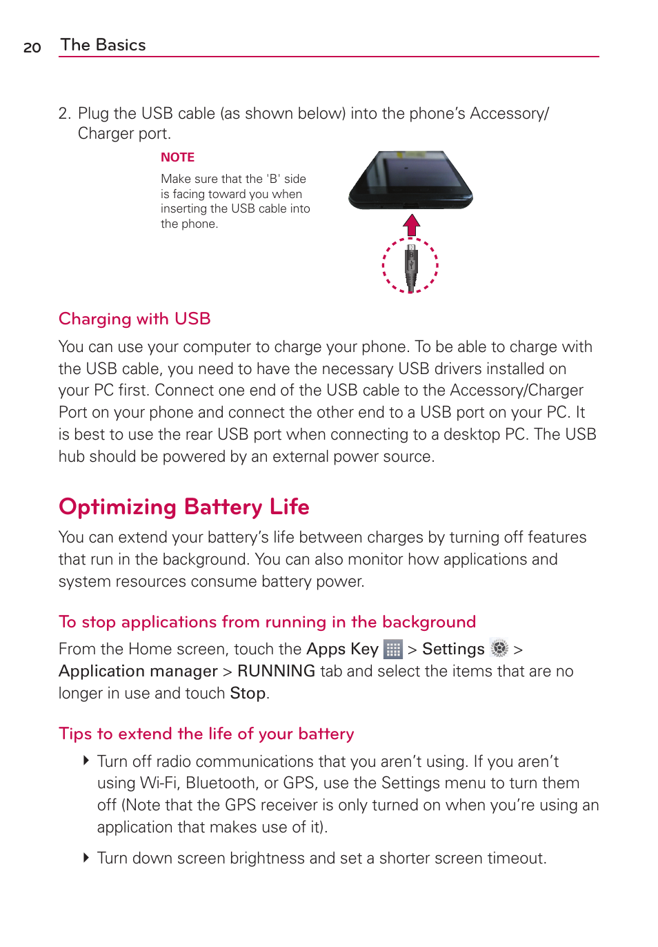 Optimizing battery life | LG AS870 User Manual | Page 20 / 172