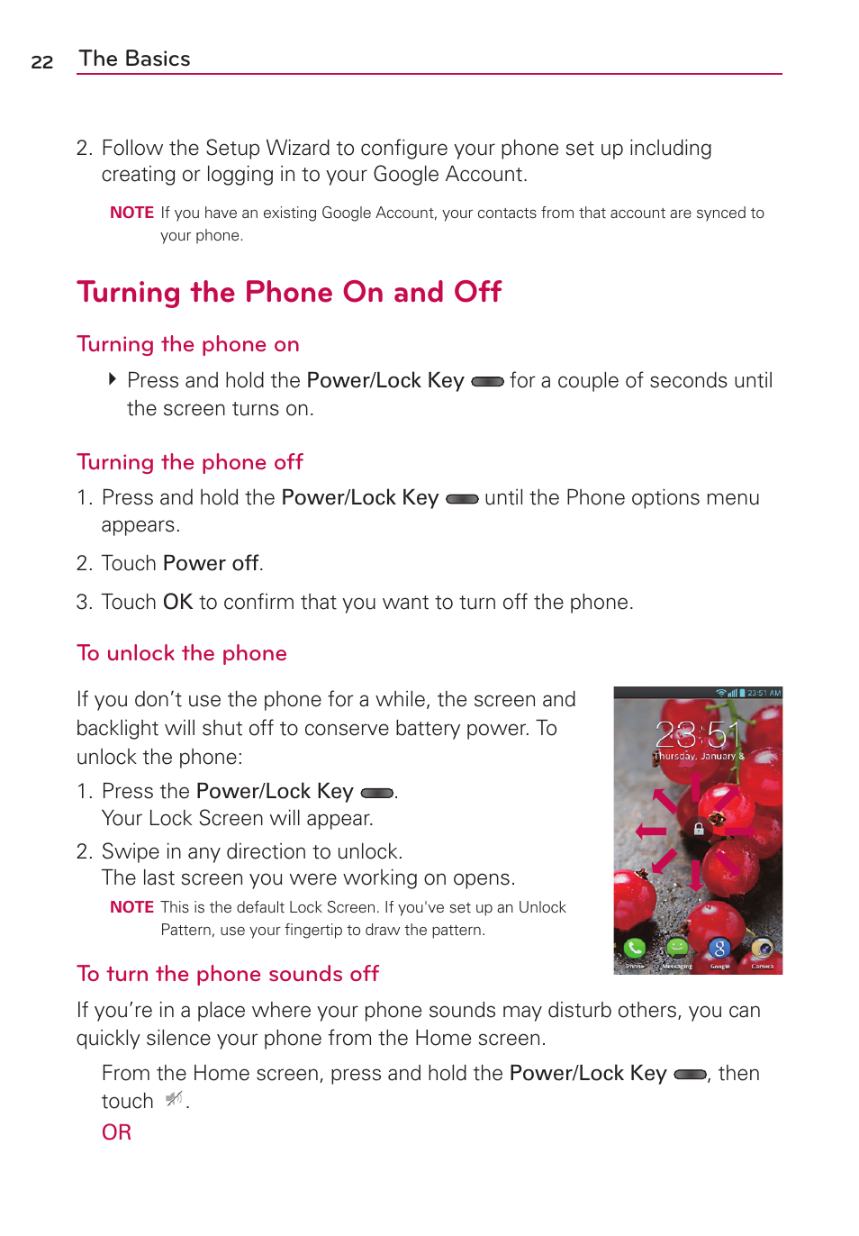 Turning the phone on and off | LG AS870 User Manual | Page 22 / 172