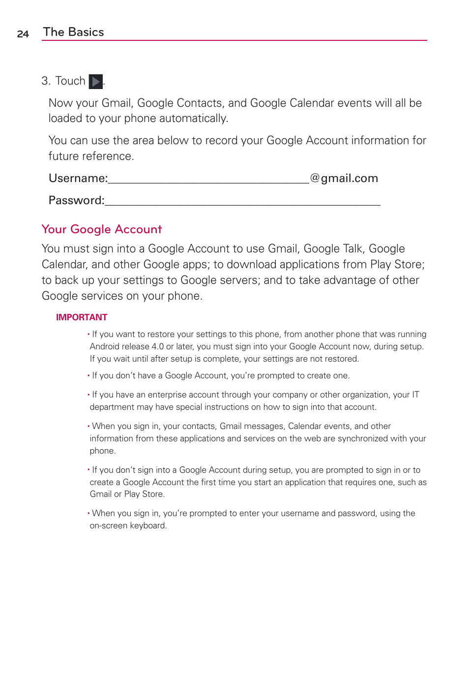 The basics, Your google account | LG AS870 User Manual | Page 24 / 172