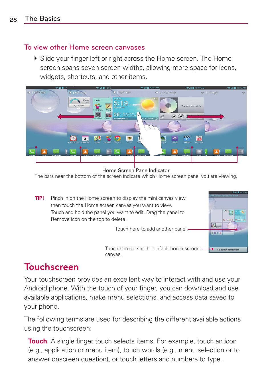 Touchscreen, The basics to view other home screen canvases | LG AS870 User Manual | Page 28 / 172