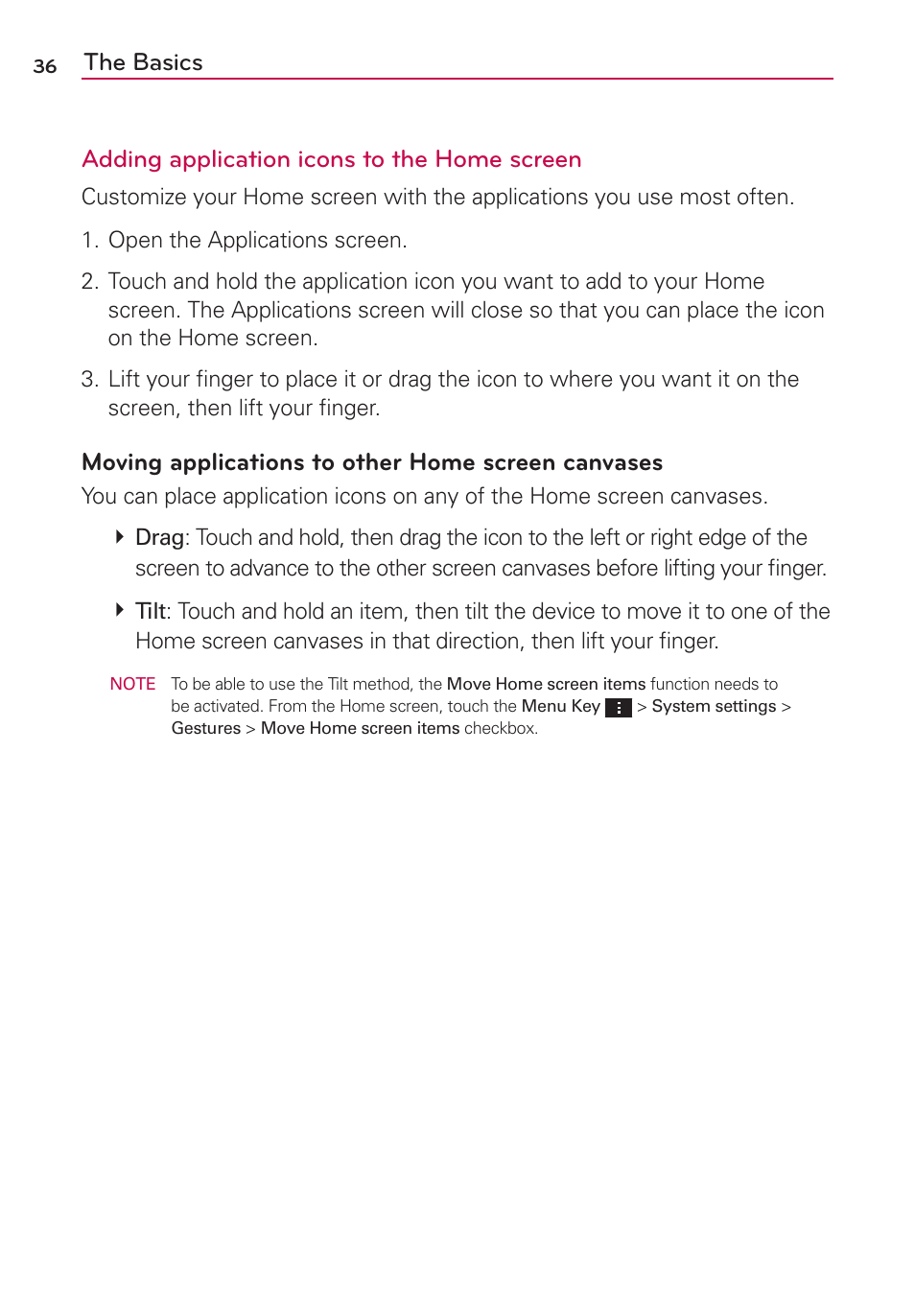 Moving applications to other home screen canvases | LG AS870 User Manual | Page 36 / 172