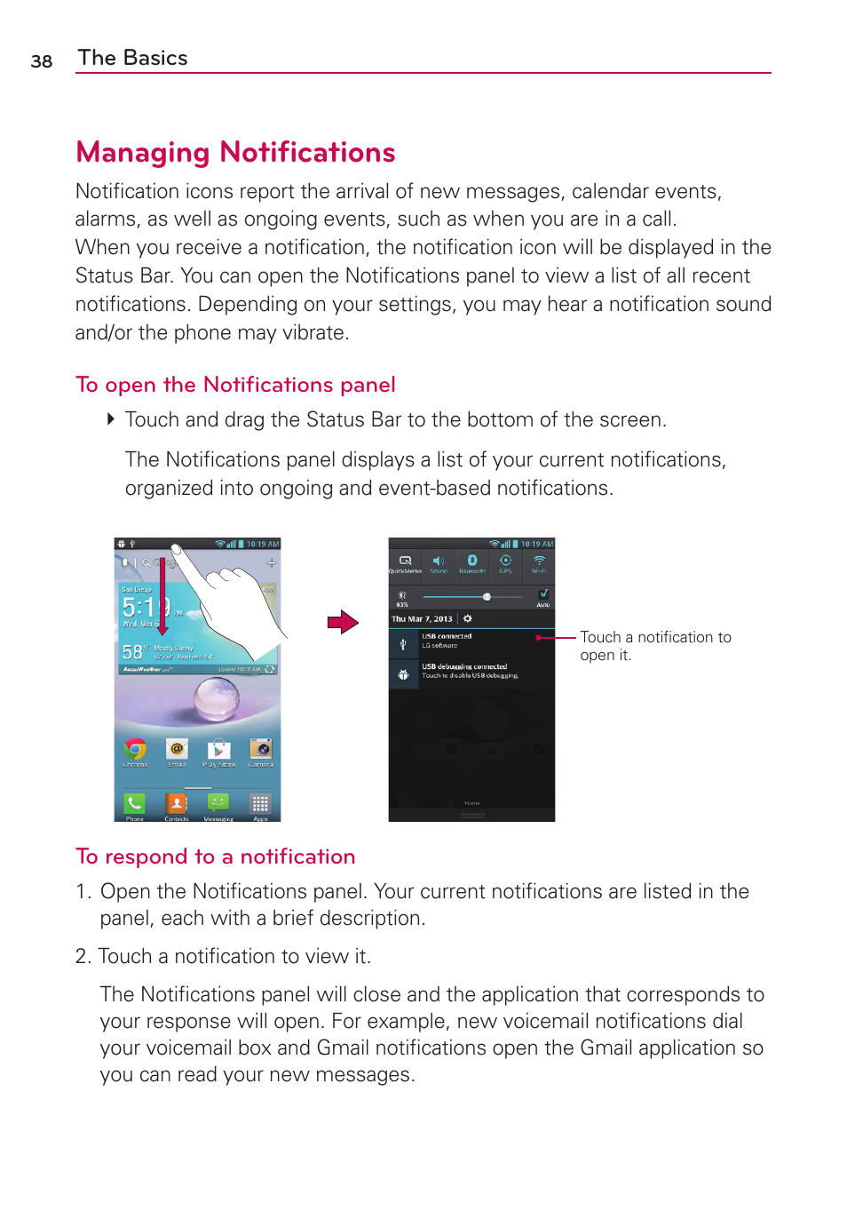 Managing notiﬁcations | LG AS870 User Manual | Page 38 / 172