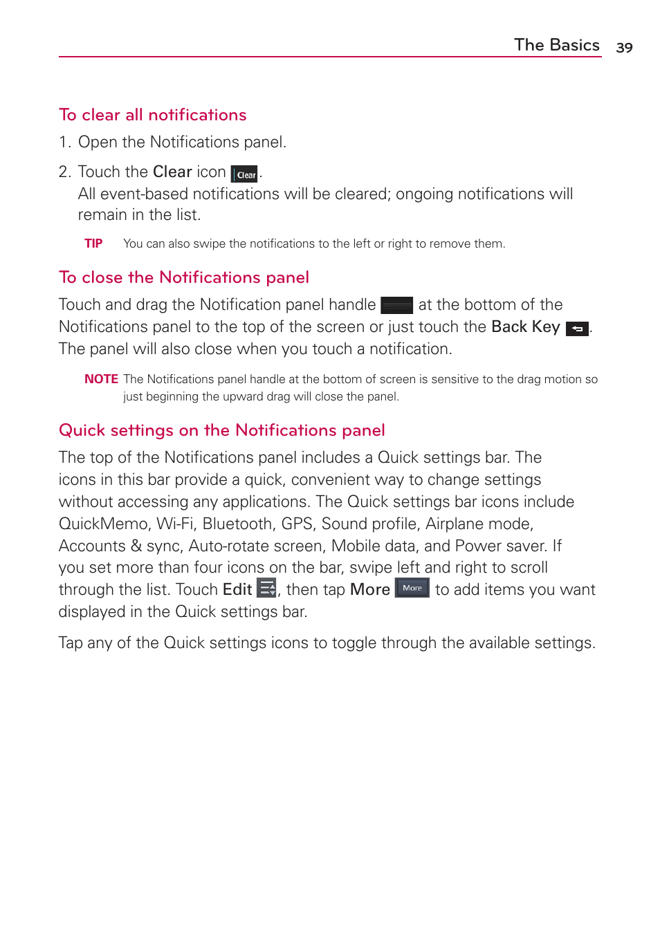 The basics to clear all notiﬁcations, Quick settings on the notiﬁcations panel | LG AS870 User Manual | Page 39 / 172