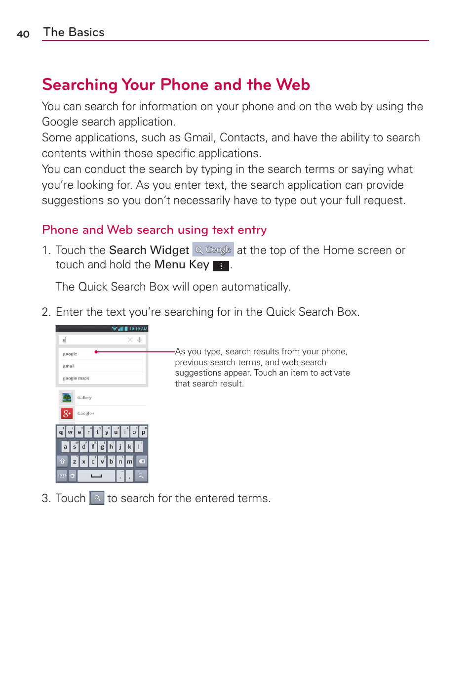 Searching your phone and the web | LG AS870 User Manual | Page 40 / 172