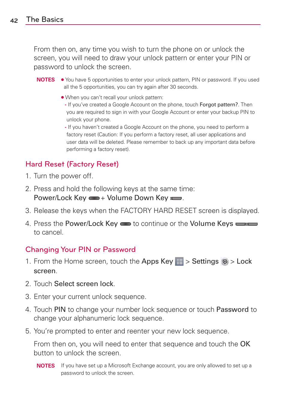 The basics, Hard reset (factory reset), Changing your pin or password | LG AS870 User Manual | Page 42 / 172