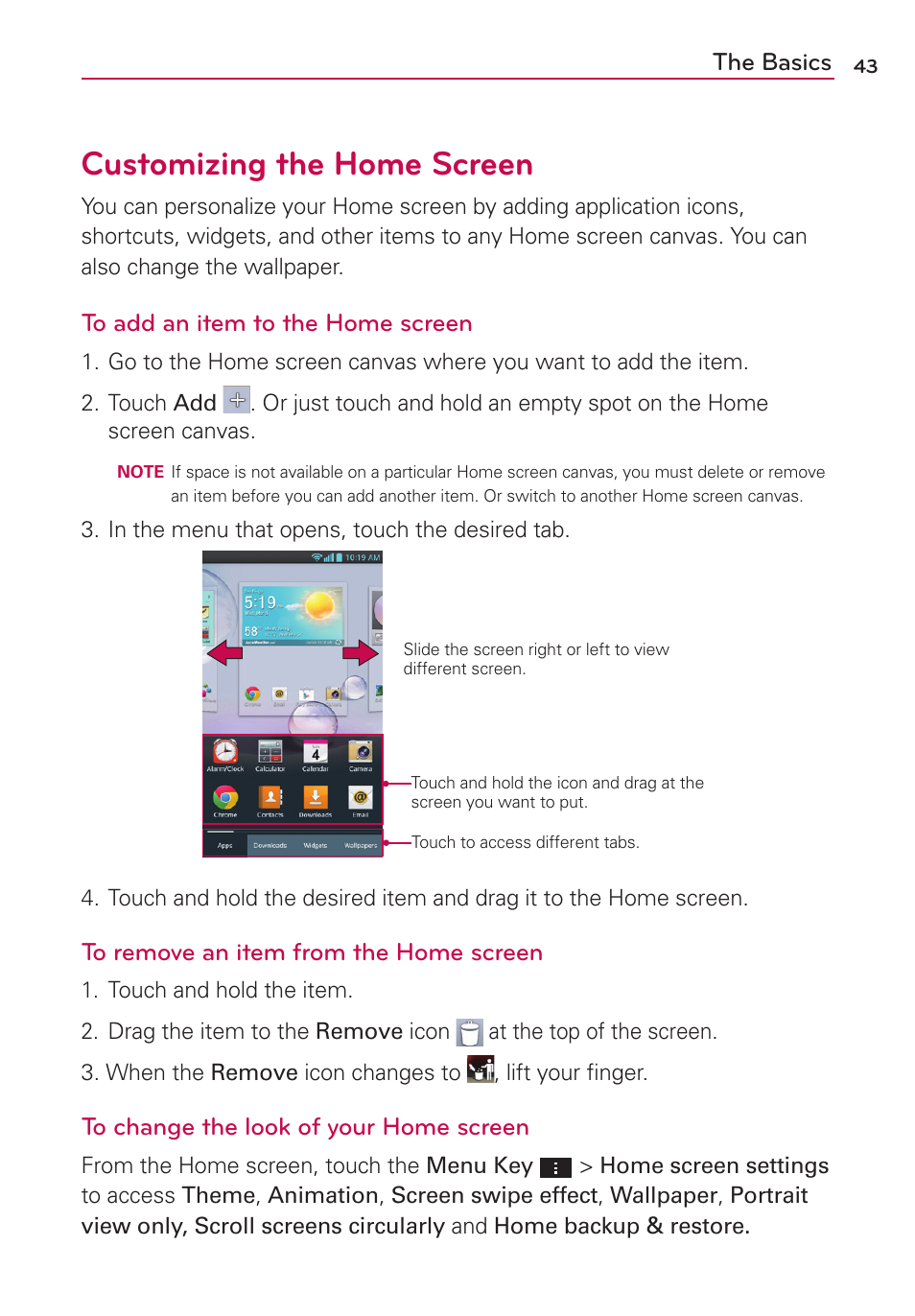 Customizing the home screen, The basics | LG AS870 User Manual | Page 43 / 172