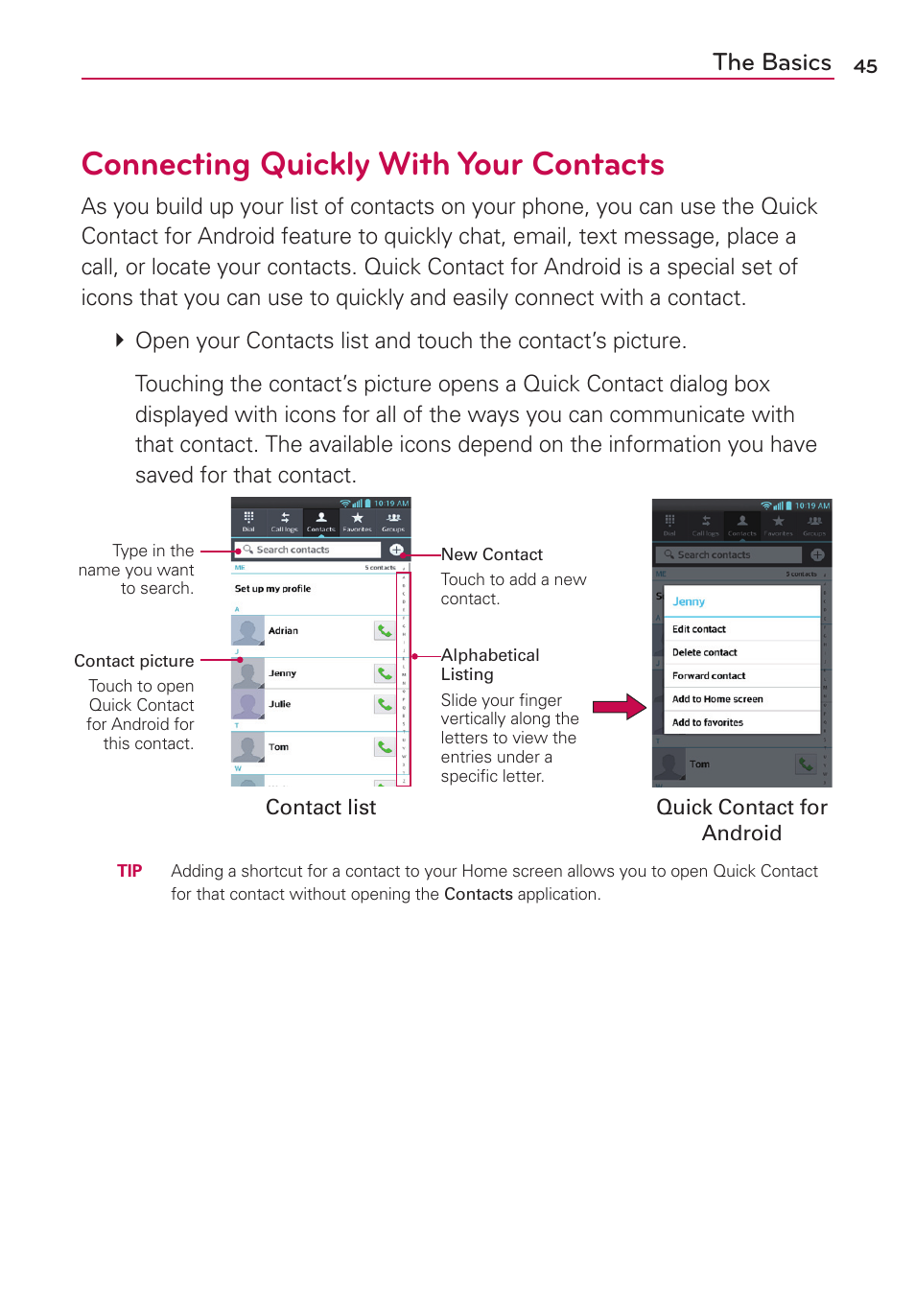 Connecting quickly with your contacts, The basics | LG AS870 User Manual | Page 45 / 172