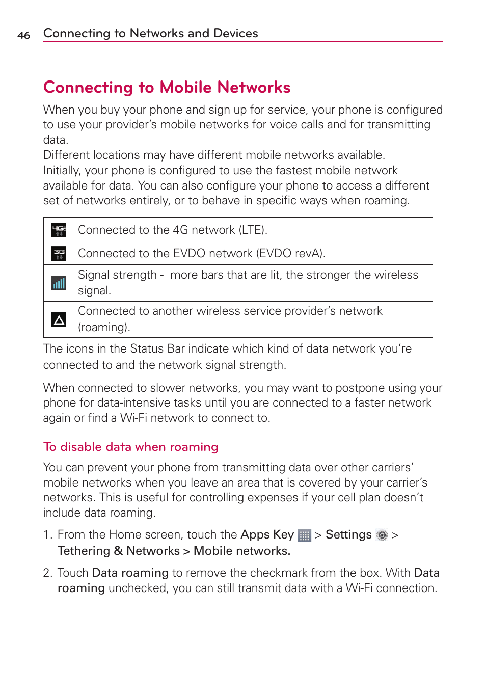 Connecting to networks and devices, Connecting to mobile networks | LG AS870 User Manual | Page 46 / 172