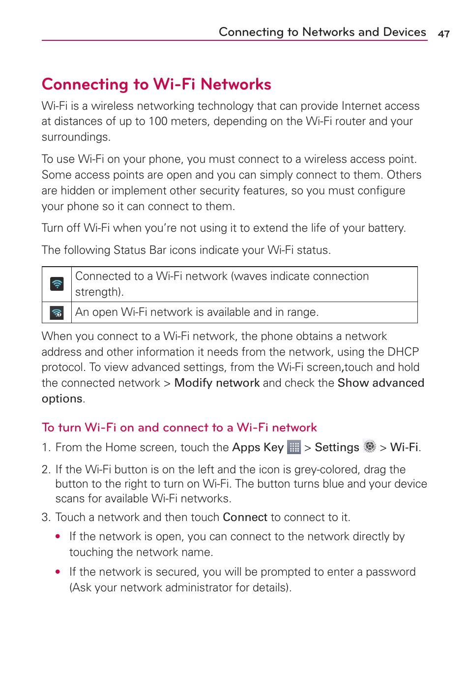 Connecting to wi-fi networks | LG AS870 User Manual | Page 47 / 172