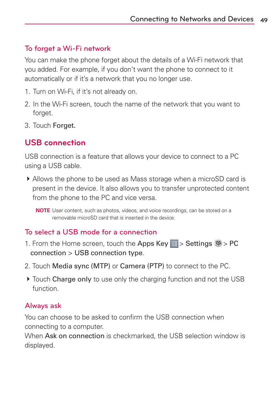 Usb connection | LG AS870 User Manual | Page 49 / 172