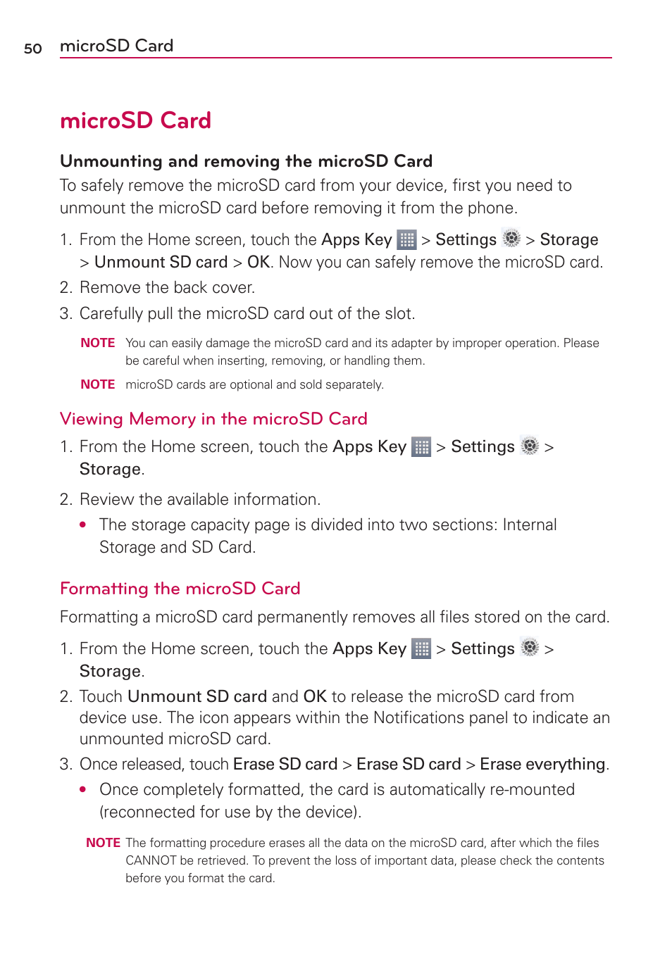 Microsd card, Unmounting and removing the microsd card, Formatting the microsd card | LG AS870 User Manual | Page 50 / 172