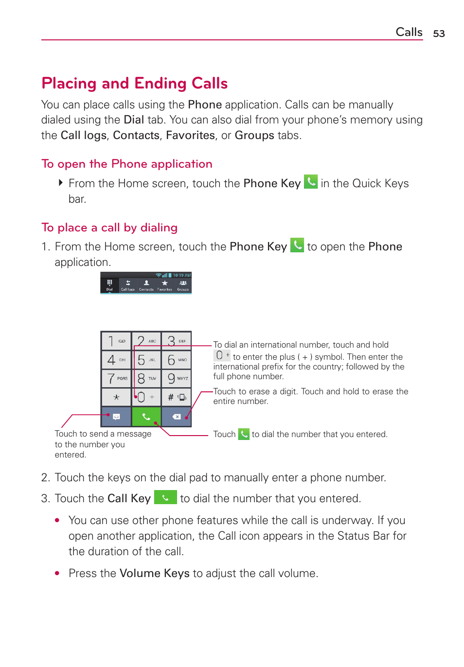 Calls, Placing and ending calls | LG AS870 User Manual | Page 53 / 172