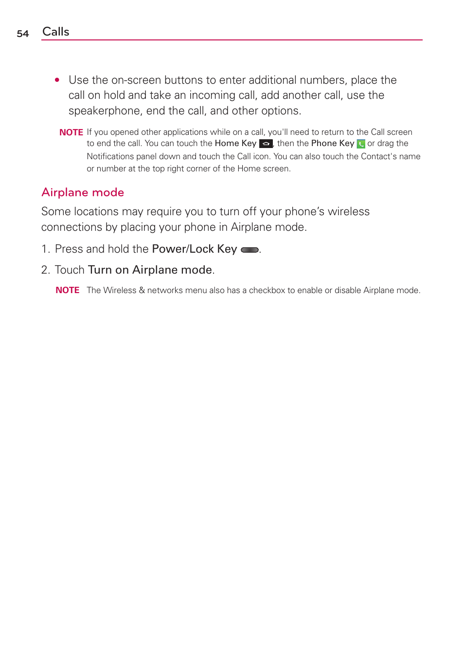 Calls, Airplane mode | LG AS870 User Manual | Page 54 / 172