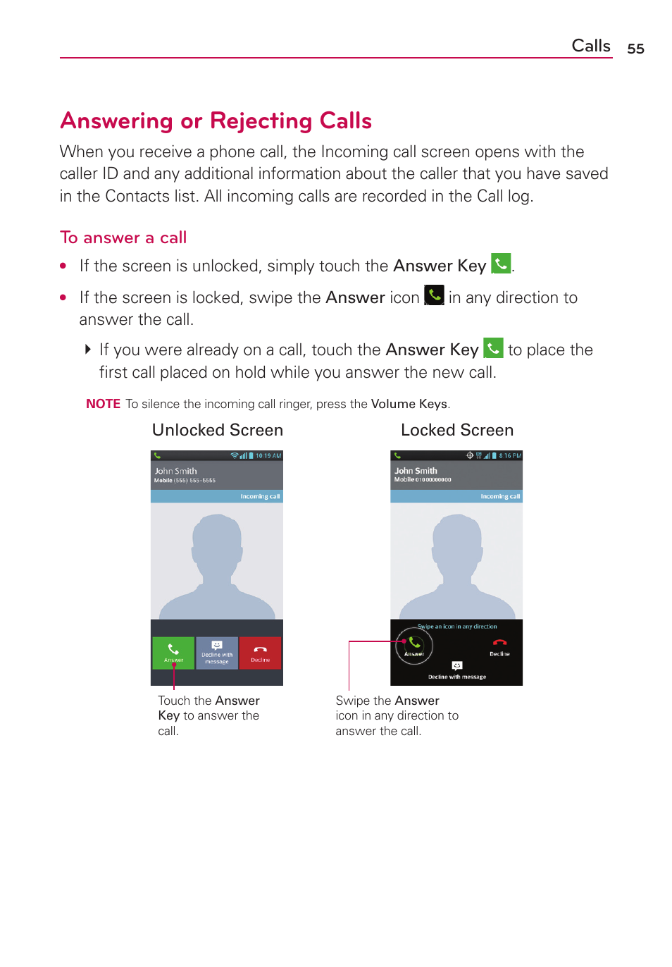 Answering or rejecting calls, Calls | LG AS870 User Manual | Page 55 / 172