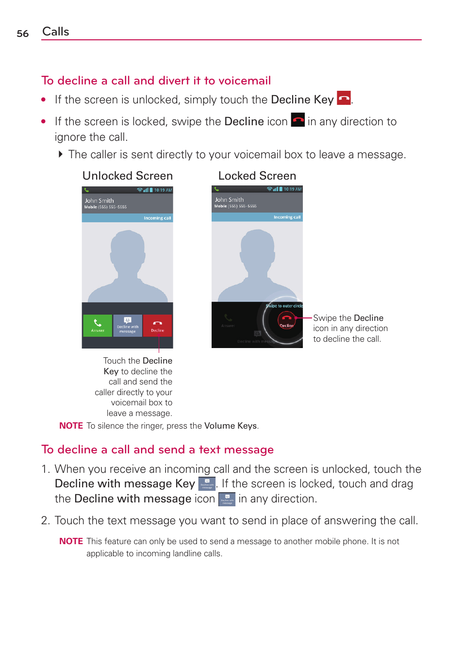 Calls to decline a call and divert it to voicemail | LG AS870 User Manual | Page 56 / 172