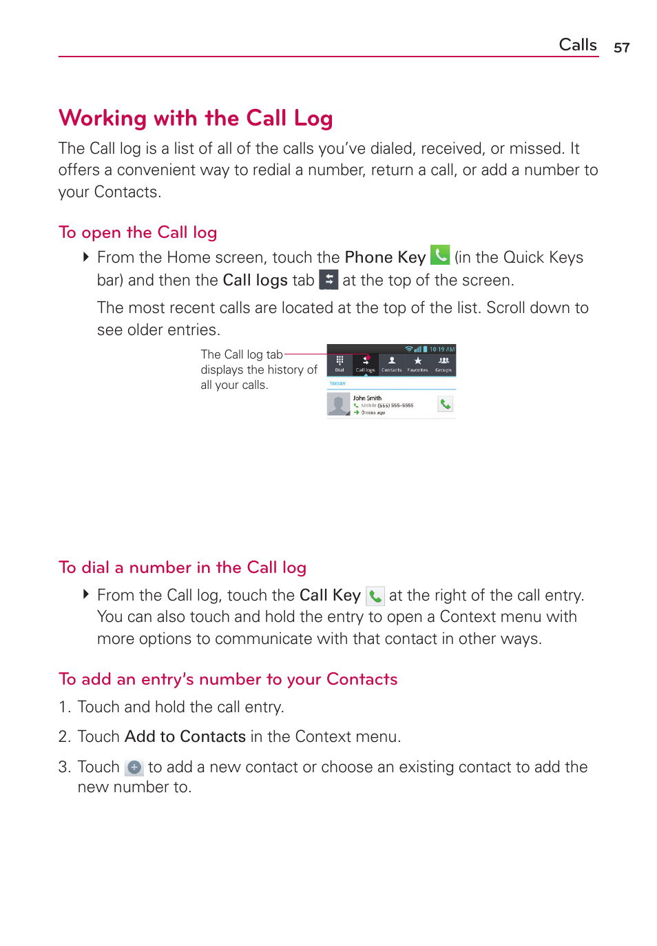 Working with the call log | LG AS870 User Manual | Page 57 / 172