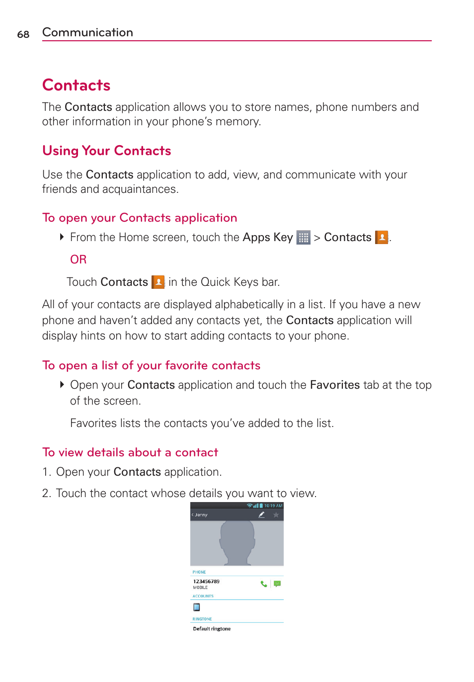 Communication, Contacts, Using your contacts | LG AS870 User Manual | Page 68 / 172