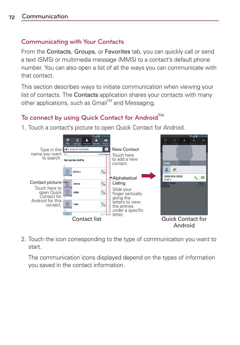 Communication communicating with your contacts | LG AS870 User Manual | Page 72 / 172