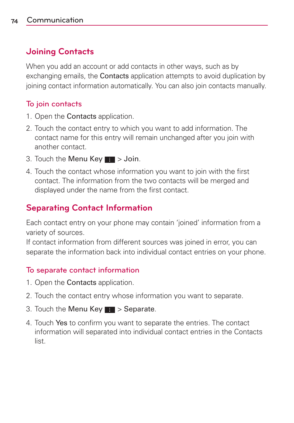 Joining contacts, Separating contact information | LG AS870 User Manual | Page 74 / 172