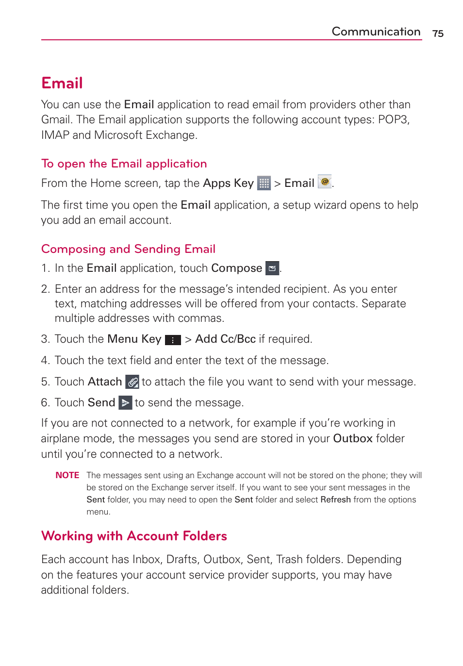 Email, Working with account folders | LG AS870 User Manual | Page 75 / 172