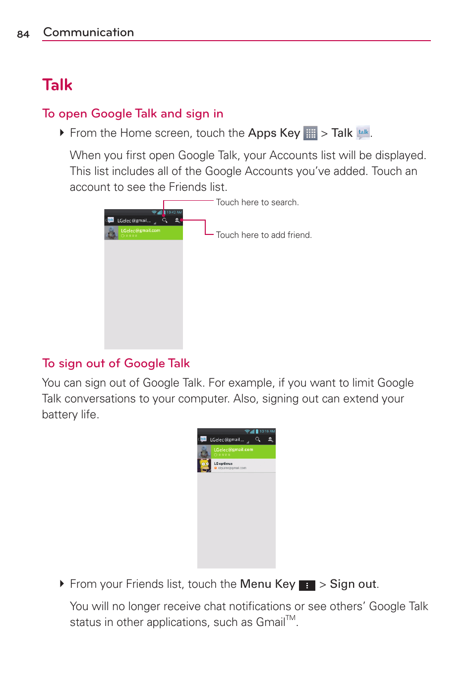 Talk | LG AS870 User Manual | Page 84 / 172