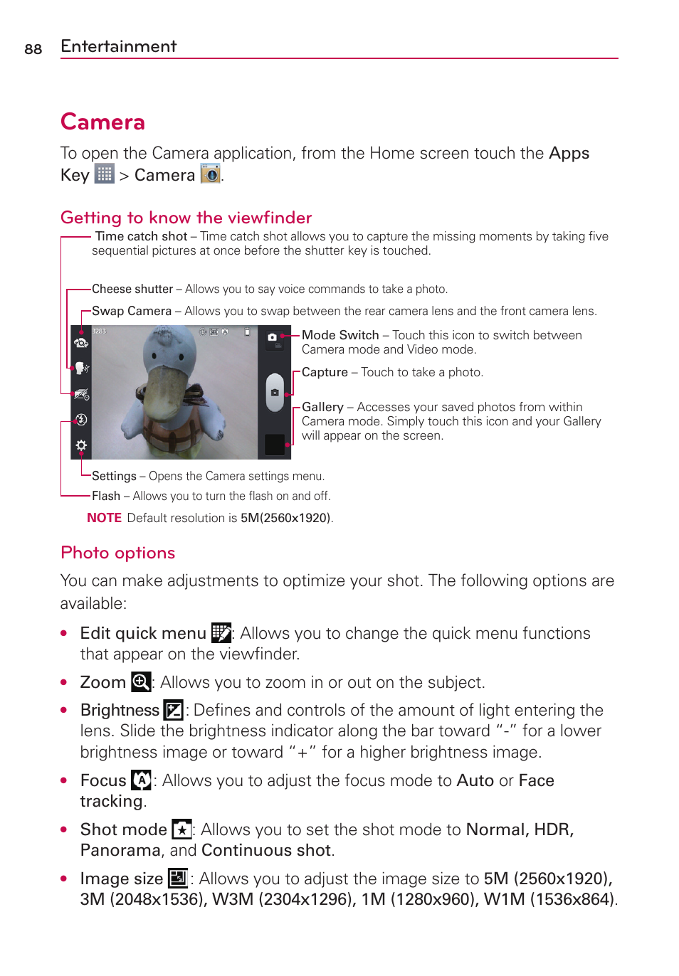 Entertainment, Camera, Getting to know the viewﬁnder | Photo options | LG AS870 User Manual | Page 88 / 172