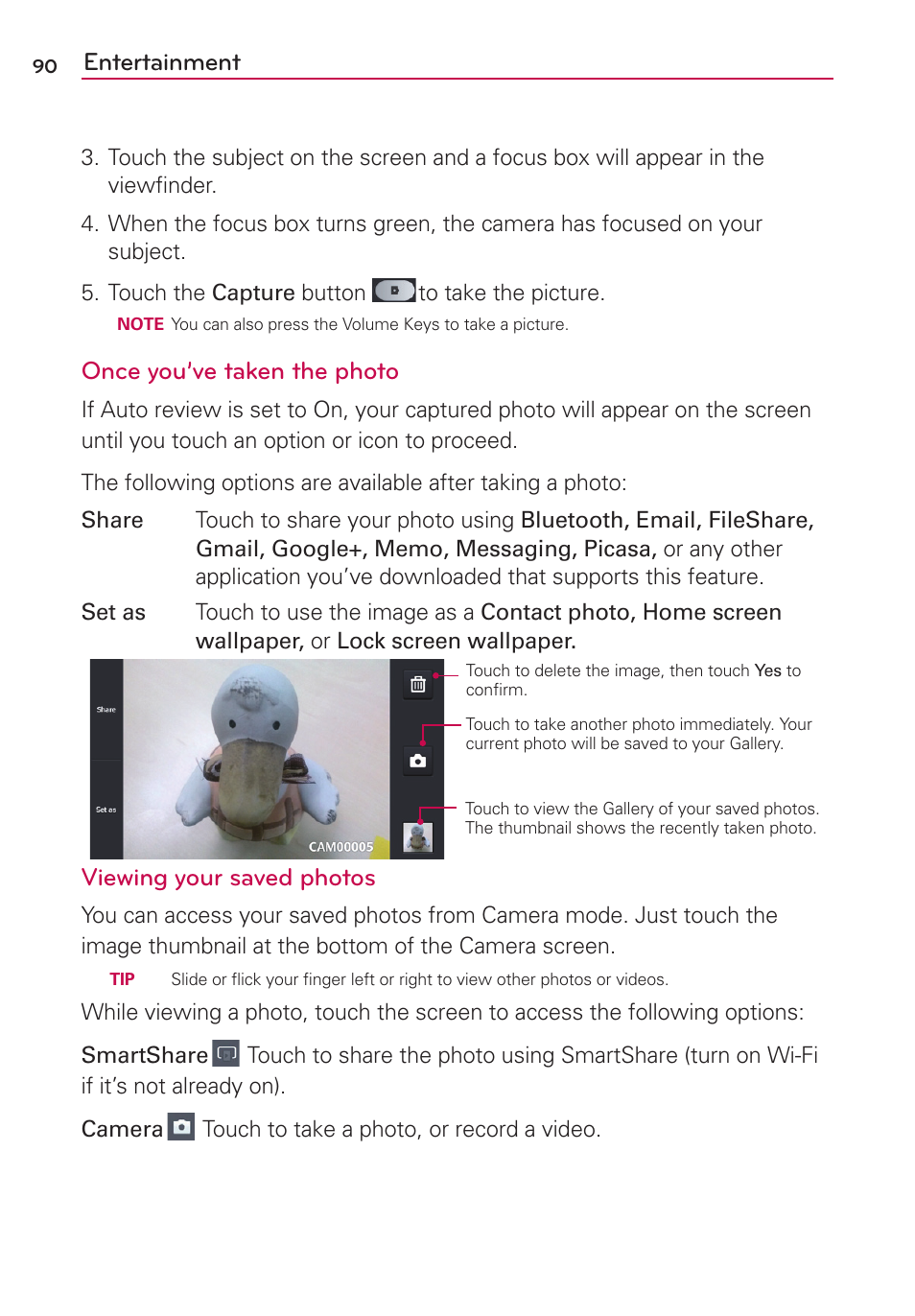 Entertainment, Once you’ve taken the photo, Viewing your saved photos | LG AS870 User Manual | Page 90 / 172