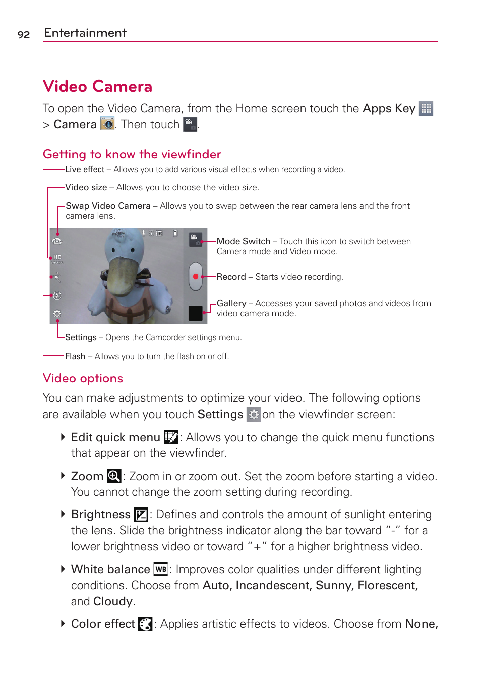 Video camera, Entertainment, Getting to know the viewﬁnder | Video options | LG AS870 User Manual | Page 92 / 172
