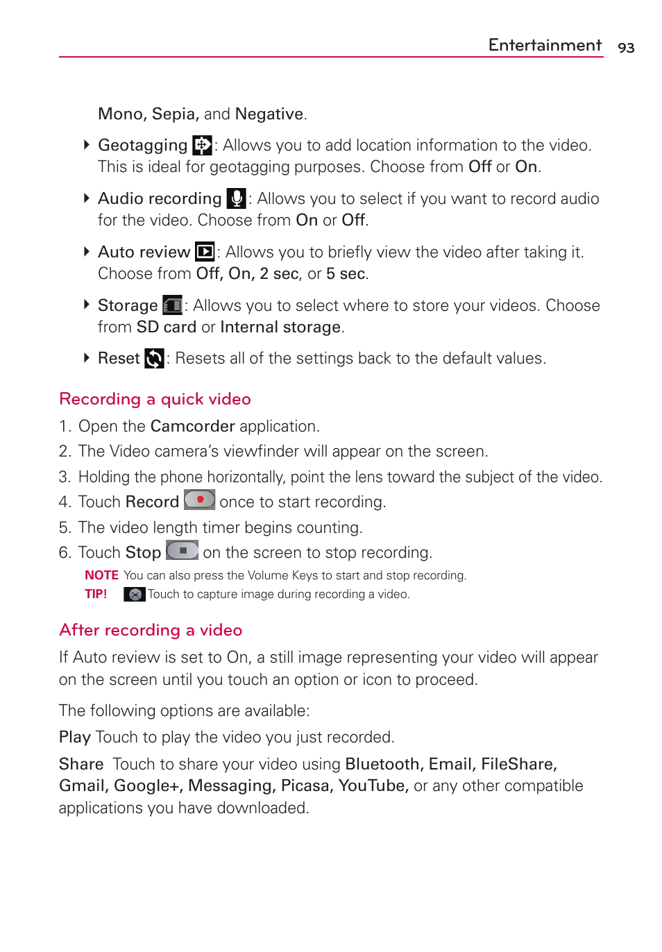 Entertainment, Recording a quick video, After recording a video | LG AS870 User Manual | Page 93 / 172