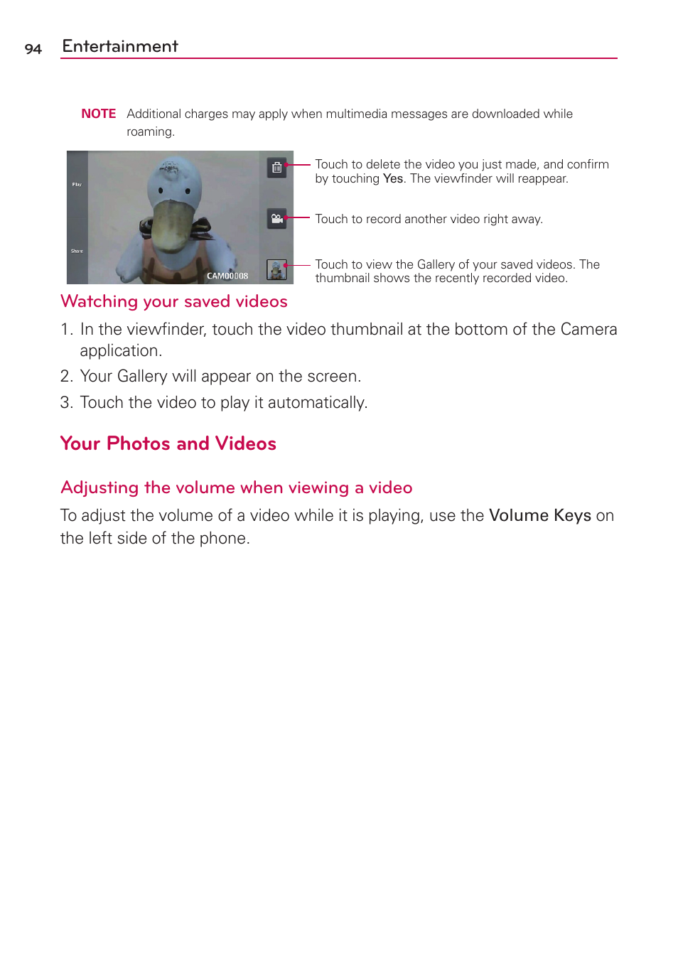 Your photos and videos, Entertainment, Watching your saved videos | Adjusting the volume when viewing a video | LG AS870 User Manual | Page 94 / 172