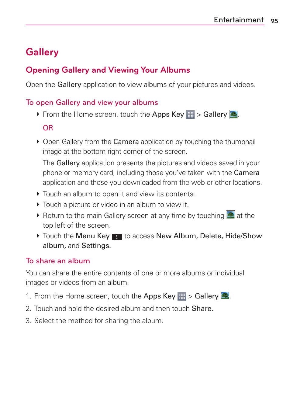 Gallery, Opening gallery and viewing your albums | LG AS870 User Manual | Page 95 / 172