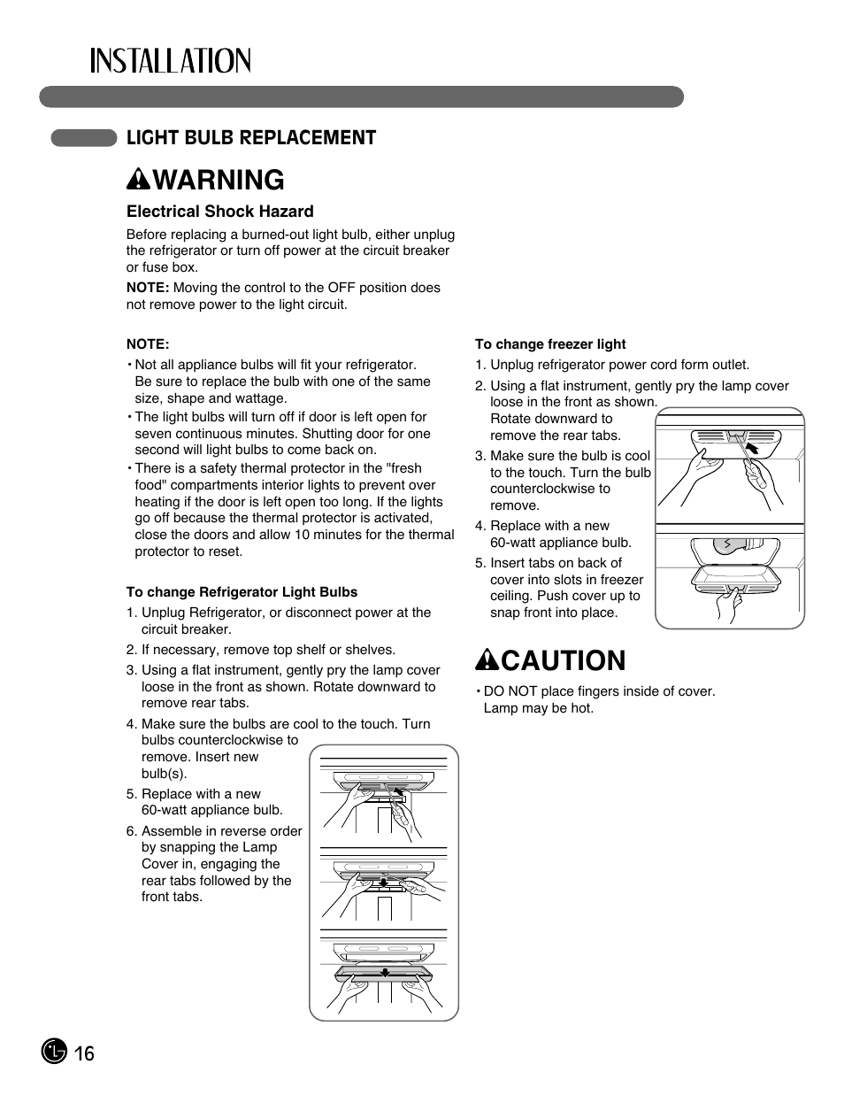 Wwarning, Wcaution, 16 light bulb replacement | LG LMC25780SB User Manual | Page 16 / 40