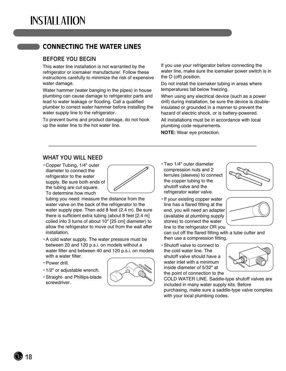 18 connecting the water lines | LG LMC25780SB User Manual | Page 18 / 40